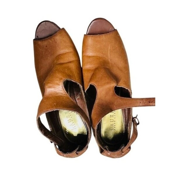 Lauren Ralph Lauren GoldenBrown Leather Peep Toe Adjust Strap Wedge Sandals 7.5 - Picture 1 of 8